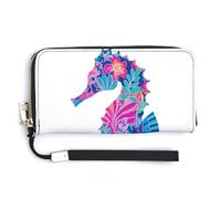 Jubonexis Neon Seahorse Tropical Floral PU Leather Clutch Long Bifold Wallet, Coin Purse Credit Pass Case, Durable Card-Holder Money Storage for Women Men