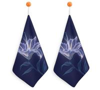 Jubonexis Neon White Lily on Midnight Blue Small Hand Towel with Hanging Loop 2 PCS Absorbent Soft Wash Cloth for Kitchen Bathroom