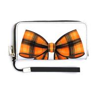 Jubonexis Orange Black Checkered Halloween Bow Ribbon PU Leather Clutch Long Bifold Wallet, Coin Purse Credit Pass Case, Durable Card-Holder Money Storage for Women Men
