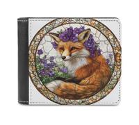 Jubonexis Orange Fox with Purple Flowers Soft PU Leather Bifold Wallet, Coin Purse Credit Pass Case, Durable Card-Holder Slim Billfold for Men Woman Money Storage