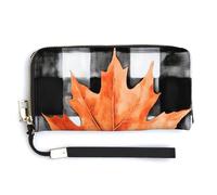 Jubonexis Orange Maple Leaf Black White Checkered PU Leather Clutch Long Bifold Wallet, Coin Purse Credit Pass Case, Durable Card-Holder Money Storage for Women Men