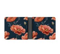 Jubonexis Orange Poppy Flowers on Dark Blue Soft PU Leather Bifold Wallet, Coin Purse Credit Pass Case, Durable Card-Holder Slim Billfold for Men Woman Money Storage
