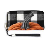 Jubonexis Orange Pumpkin Black and White Checkered PU Leather Clutch Long Bifold Wallet, Coin Purse Credit Pass Case, Durable Card-Holder Money Storage for Women Men