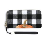 Jubonexis Orange Pumpkin on Black White Checkered PU Leather Clutch Long Bifold Wallet, Coin Purse Credit Pass Case, Durable Card-Holder Money Storage for Women Men