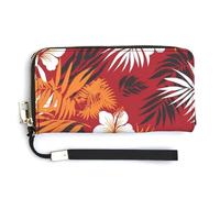 Jubonexis Orange White Flowers Palm Leaves PU Leather Clutch Long Bifold Wallet, Coin Purse Credit Pass Case, Durable Card-Holder Money Storage for Women Men