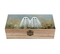 Jubonexis Pair of Cute Ghosts in The Wildflowers Field Wooden Storage Box with Hinged Lid And Front Clasp Large Keepsake Box