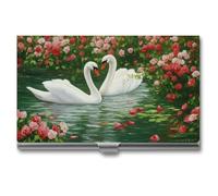 Jubonexis Pair of Swans in The Lake Rose Business Card Holder, Pocket Slim Metal Business Card Case for Women Men