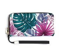 Jubonexis Palm Leaves and Monstera Pink Green PU Leather Clutch Long Bifold Wallet, Coin Purse Credit Pass Case, Durable Card-Holder Money Storage for Women Men