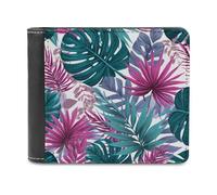 Jubonexis Palm Leaves and Monstera Pink Green Soft PU Leather Bifold Wallet, Coin Purse Credit Pass Case, Durable Card-Holder Slim Billfold for Men Woman Money Storage