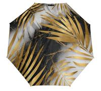 Jubonexis Palm Leaves Gold Black White Marble Folding Umbrella 3 Folds Auto Windproof Travel Umbrellas Strong Lightweight Umbrellas for Outdoor Sun & Rain