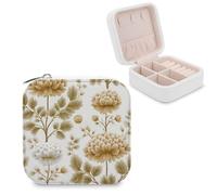 Jubonexis Pastel Beige Block Print Flowers Small Jewelry Box Jewelry Organizer Portable PU Leather Mini Travel Jewelry Case