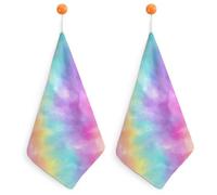 Jubonexis Pastel Rainbow Colors Tie-dye Pattern Small Hand Towel with Hanging Loop 2 PCS Absorbent Soft Wash Cloth for Kitchen Bathroom