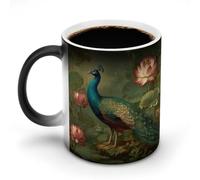 Jubonexis Peacock Standing Near A Lotus Pond Color Changing Mugs Heat Changing Ceramic Coffee Mug Novelty Funny Tea Water Cup 11OZ