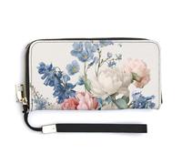 Jubonexis Peonies and Bluebells Vintage PU Leather Clutch Long Bifold Wallet, Coin Purse Credit Pass Case, Durable Card-Holder Money Storage for Women Men