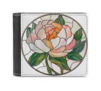 Jubonexis Peony Flower Stained Glass Soft PU Leather Bifold Wallet, Coin Purse Credit Pass Case, Durable Card-Holder Slim Billfold for Men Woman Money Storage