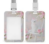 Jubonexis Pink Bow White Cat on Chair ID Badge Holder Retractable Clip Card Holder Card Protector Name Badge Name Tag for Work Office Doctor Nurse