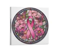 Jubonexis Pink Breast Cancer Ribbon Flowers And Butterflies Canvas Wall Art Poster Painting Aesthetic Picture for Living Room Farmhouse Decor Unframed 16x16inch(40x40cm)