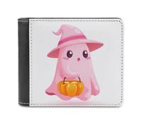 Jubonexis Pink Cartoon Ghost Dressed As Witch Soft PU Leather Bifold Wallet, Coin Purse Credit Pass Case, Durable Card-Holder Slim Billfold for Men Woman Money Storage