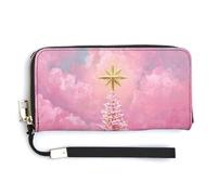 Jubonexis Pink Christmas Tree and Star PU Leather Clutch Long Bifold Wallet, Coin Purse Credit Pass Case, Durable Card-Holder Money Storage for Women Men