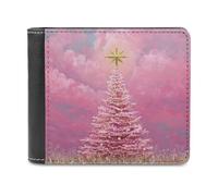 Jubonexis Pink Christmas Tree and Star Soft PU Leather Bifold Wallet, Coin Purse Credit Pass Case, Durable Card-Holder Slim Billfold for Men Woman Money Storage