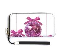 Jubonexis Pink Disco Balls with Bows Glittery Sparkly PU Leather Clutch Long Bifold Wallet, Coin Purse Credit Pass Case, Durable Card-Holder Money Storage for Women Men