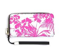 Jubonexis Pink Flower and Palm Leaves PU Leather Clutch Long Bifold Wallet, Coin Purse Credit Pass Case, Durable Card-Holder Money Storage for Women Men