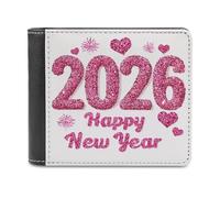 Jubonexis Pink Glitter 2026 Happy New Year Hearts Soft PU Leather Bifold Wallet, Coin Purse Credit Pass Case, Durable Card-Holder Slim Billfold for Men Woman Money Storage