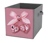 Jubonexis Pink Heart Diamond Crystal Ribbon Bow Cube Storage Bins Storage Cubes Foldable Decorative Fabric Storage Baskets Home Organizers with Handles for Shelves,Closet, 27x27 CM