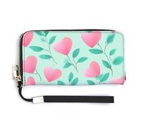 Jubonexis Pink Hearts and Green Leaves on Light Mint PU Leather Clutch Long Bifold Wallet, Coin Purse Credit Pass Case, Durable Card-Holder Money Storage for Women Men