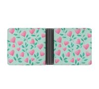Jubonexis Pink Hearts and Green Leaves on Light Mint Soft PU Leather Bifold Wallet, Coin Purse Credit Pass Case, Durable Card-Holder Slim Billfold for Men Woman Money Storage