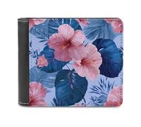Jubonexis Pink Hibiscus Flower with Blue Tropical Leaf Soft PU Leather Bifold Wallet, Coin Purse Credit Pass Case, Durable Card-Holder Slim Billfold for Men Woman Money Storage