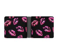 Jubonexis Pink Leopard Lipstick Kiss Mark Soft PU Leather Bifold Wallet, Coin Purse Credit Pass Case, Durable Card-Holder Slim Billfold for Men Woman Money Storage