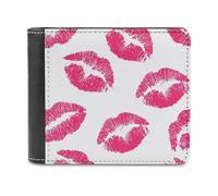 Jubonexis Pink Lipstick Kiss Mark Pattern Soft PU Leather Bifold Wallet, Coin Purse Credit Pass Case, Durable Card-Holder Slim Billfold for Men Woman Money Storage