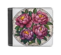 Jubonexis Pink Peonies Stained Glass (2) Soft PU Leather Bifold Wallet, Coin Purse Credit Pass Case, Durable Card-Holder Slim Billfold for Men Woman Money Storage