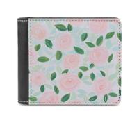 Jubonexis Pink Rose Light Mint Leaves Soft PU Leather Bifold Wallet, Coin Purse Credit Pass Case, Durable Card-Holder Slim Billfold for Men Woman Money Storage
