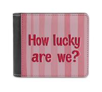 Jubonexis Pink-Striped with How Lucky are We Soft PU Leather Bifold Wallet, Coin Purse Credit Pass Case, Durable Card-Holder Slim Billfold for Men Woman Money Storage