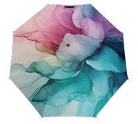 Jubonexis Pink Teal Petals Abstract Floral Folding Umbrella 3 Folds Auto Windproof Travel Umbrellas Strong Lightweight Umbrellas for Outdoor Sun & Rain