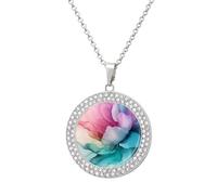 Jubonexis Pink Teal Petals Abstract Floral Round Pendant Necklace Silver Jewelry for Women