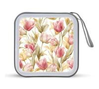 Jubonexis Pink Tulips with Yellow Foliage CD Case DVD Storage Case Portable for Car Home Travel