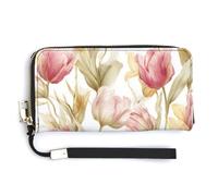 Jubonexis Pink Tulips with Yellow Foliage PU Leather Clutch Long Bifold Wallet, Coin Purse Credit Pass Case, Durable Card-Holder Money Storage for Women Men