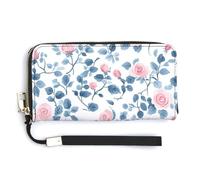 Jubonexis Pink Watercolor Vintage Tiny Rose Pattern PU Leather Clutch Long Bifold Wallet, Coin Purse Credit Pass Case, Durable Card-Holder Money Storage for Women Men