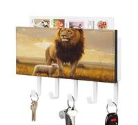 Jubonexis Powerful Male Lion Standing with A Little Lamb Wall Mount with 5 Hooks Acrylic Key Rack for Home Office Entryway