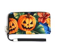 Jubonexis Pumpkin Hibiscus Palm Leaves PU Leather Clutch Long Bifold Wallet, Coin Purse Credit Pass Case, Durable Card-Holder Money Storage for Women Men