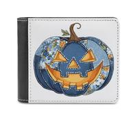 Jubonexis Pumpkins Blue Denim Floral Fabric Pattern Soft PU Leather Bifold Wallet, Coin Purse Credit Pass Case, Durable Card-Holder Slim Billfold for Men Woman Money Storage