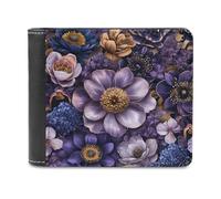 Jubonexis Purple Dark Blue Gold Flowers Soft PU Leather Bifold Wallet, Coin Purse Credit Pass Case, Durable Card-Holder Slim Billfold for Men Woman Money Storage