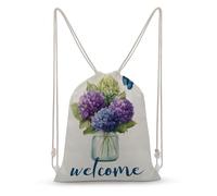 Jubonexis Purple Green Hydrangeas Flowers Blue Butterflies Drawstring Backpack Canvas String Bag Lightweight Sports Gym Bag for Men Women