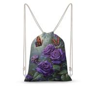 Jubonexis Purple Roses with Butterflies Drawstring Backpack Canvas String Bag Lightweight Sports Gym Bag for Men Women