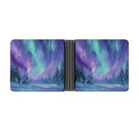 Jubonexis Purple Teal Aurora Snowy Landscape Magical Winter Soft PU Leather Bifold Wallet, Coin Purse Credit Pass Case, Durable Card-Holder Slim Billfold for Men Woman Money Storage