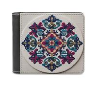 Jubonexis Purple Teal Intricate Geometric Pattern Folk Art Soft PU Leather Bifold Wallet, Coin Purse Credit Pass Case, Durable Card-Holder Slim Billfold for Men Woman Money Storage