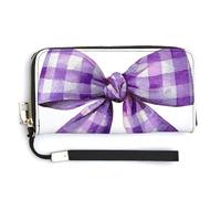 Jubonexis Purple White Checker Ribbon Bow PU Leather Clutch Long Bifold Wallet, Coin Purse Credit Pass Case, Durable Card-Holder Money Storage for Women Men